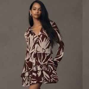 Anthropologie Marais Printed Chiffon Mini Dress XS Ruffle Tiered V-Neck Boho